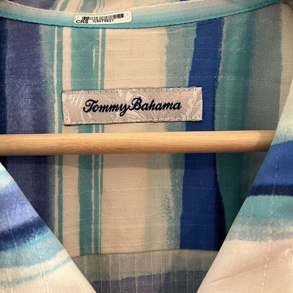 Tommy Bahama Blue and Cream Watercolor Striped Silk Shirt Men's Size XL - Picture 4 of 11